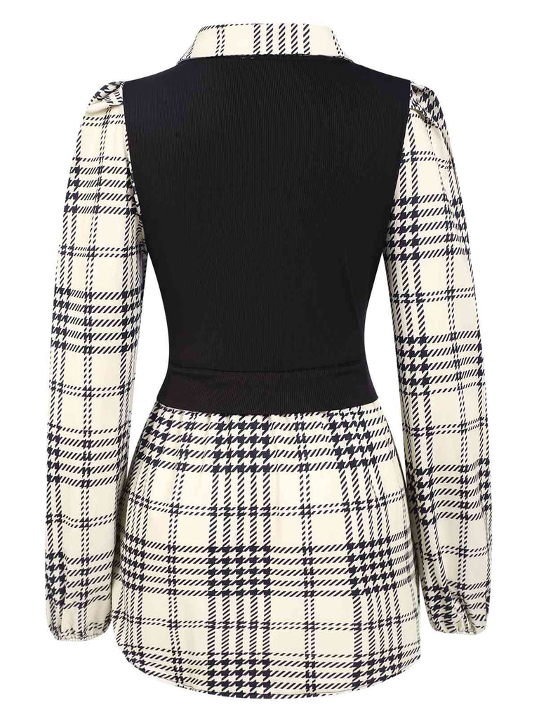 Beige 1930s Plaid Patchwork Puff Sleeve Lapel Shirt, vintage fashion, retro style - perfect for women who love vintage and retro fashion