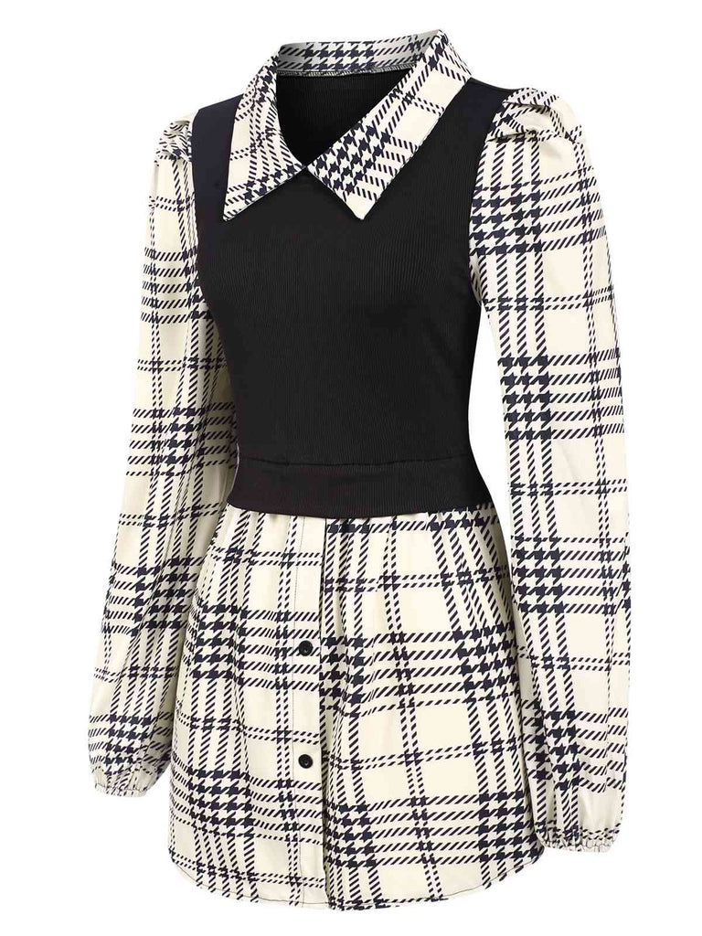 Beige 1930s Plaid Patchwork Puff Sleeve Lapel Shirt, vintage fashion, retro style - perfect for women who love vintage and retro fashion