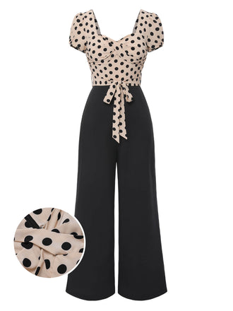She finds her 1930s story in this Beige 1930s Polka Dots Sweetheart Neck Jumpsuit