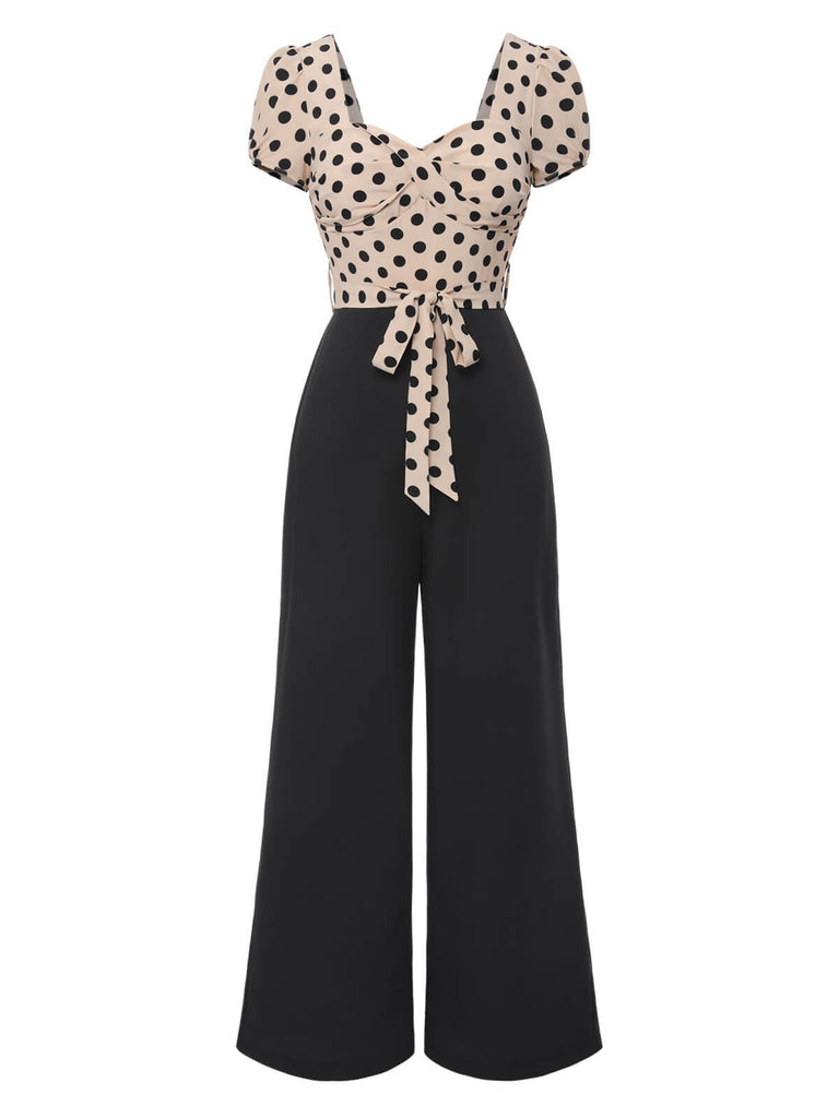 Beige 1930s Polka Dots Sweetheart Neck Jumpsuit: timeless 1930s elegance she makes her own