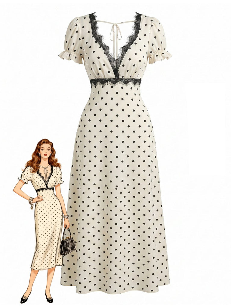 Beige 1930s Satin Polka Dot Lace V-Neck Dress, vintage dress, retro fashion, lace detail - perfect for women who love vintage and retro fashion