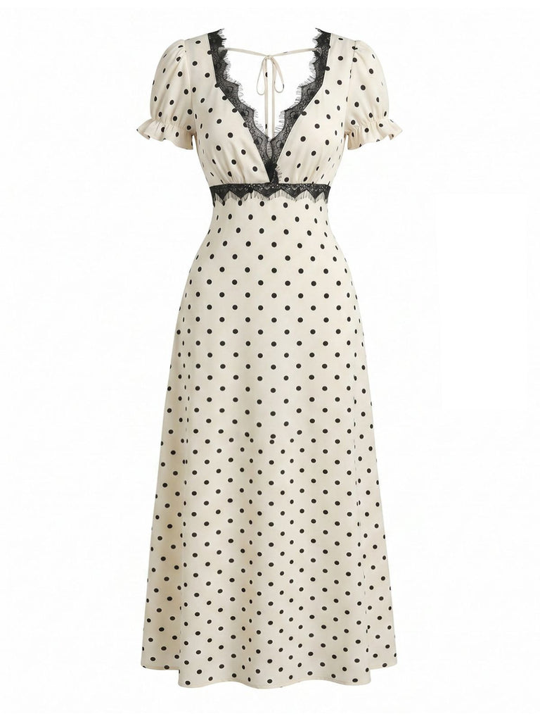 Beige 1930s Satin Polka Dot Lace V-Neck Dress, vintage dress, retro fashion, lace detail - perfect for women who love vintage and retro fashion