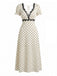 Beige 1930s Satin Polka Dot Lace V-Neck Dress, vintage dress, retro fashion, lace detail - perfect for women who love vintage and retro fashion