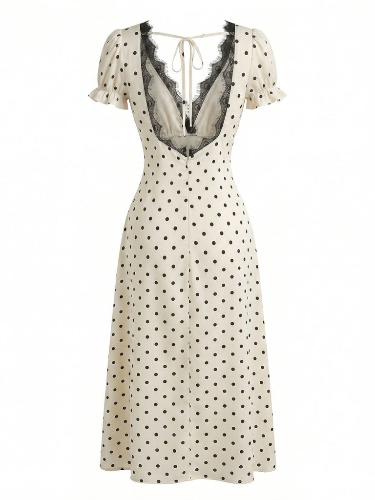 Beige 1930s Satin Polka Dot Lace V-Neck Dress, vintage dress, retro fashion, lace detail - perfect for women who love vintage and retro fashion