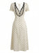 Beige 1930s Satin Polka Dot Lace V-Neck Dress, vintage dress, retro fashion, lace detail - perfect for women who love vintage and retro fashion