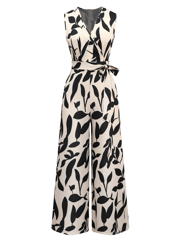 Beige 1930s Surplice Leaves Silhouette Jumpsuit - vintage jumpsuit, retro fashion