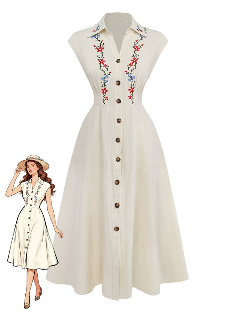 Beige 1940s Embroidered Floral Cap Sleeve Dress, vintage dress, retro fashion, floral print - perfect for women who love vintage and retro fashion