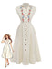 Beige 1940s Embroidered Floral Cap Sleeve Dress, vintage dress, retro fashion, floral print - perfect for women who love vintage and retro fashion
