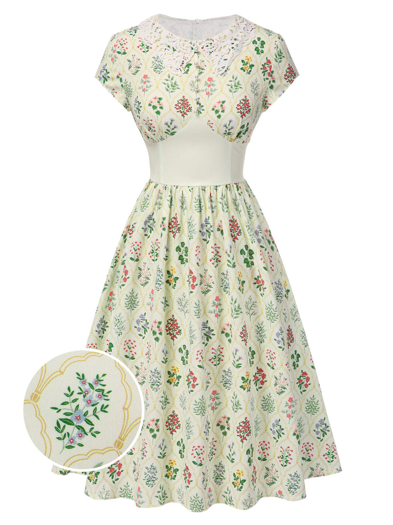 She slips into this Beige 1940s Floral Lace Collar Cap Sleeve Dress and suddenly it's a 1940s daydream