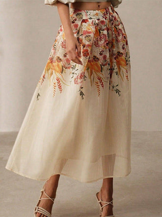 Beige 1940s Floral Mesh Patchwork Skirt - vintage skirt, retro style