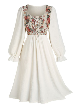 Beige 1940s Floral Ruffle Sleeve Patchwork Dress - vintage dress, retro fashion