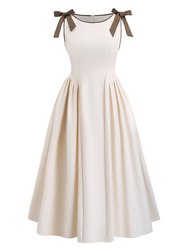 [Plus Size] Beige 1940s Solid Lace-Up Sleeveless Dress - vintage dress, retro fashion, lace detail for vintage lovers