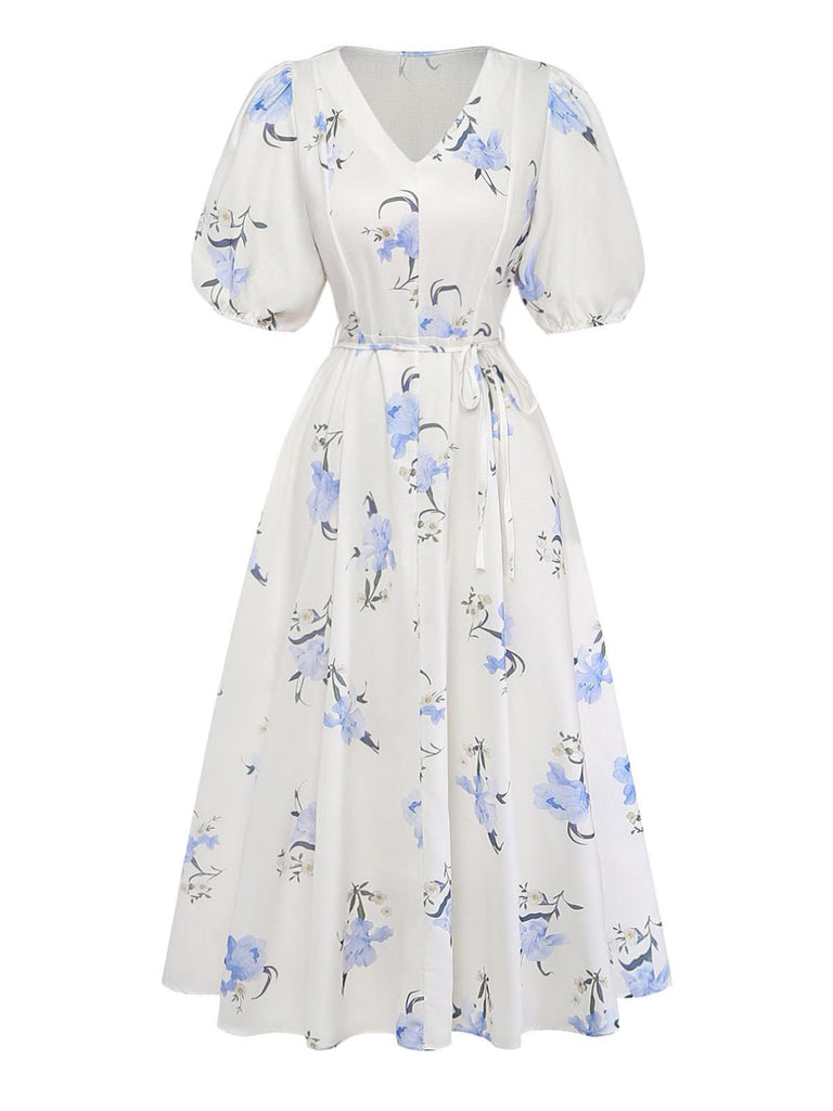 Beige 1940s Floral V Neck Dress 3