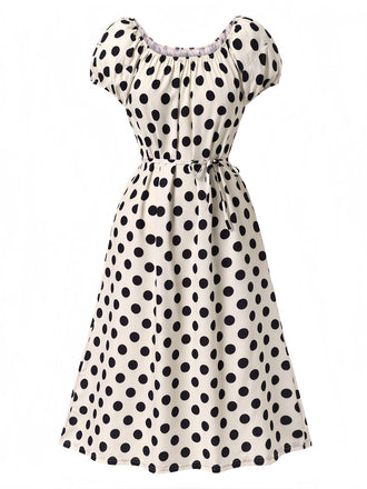 She slips into this Beige 1940s Polka Dot Puff Sleeves Dress and suddenly it's a 1940s daydream