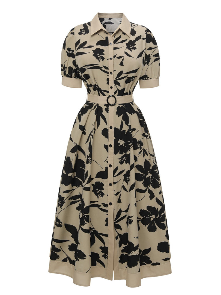Beige 1940s Shirt-Collar Buttons Floral Printed Dress, vintage dress, retro fashion, floral print - perfect for women who love vintage and retro fashion