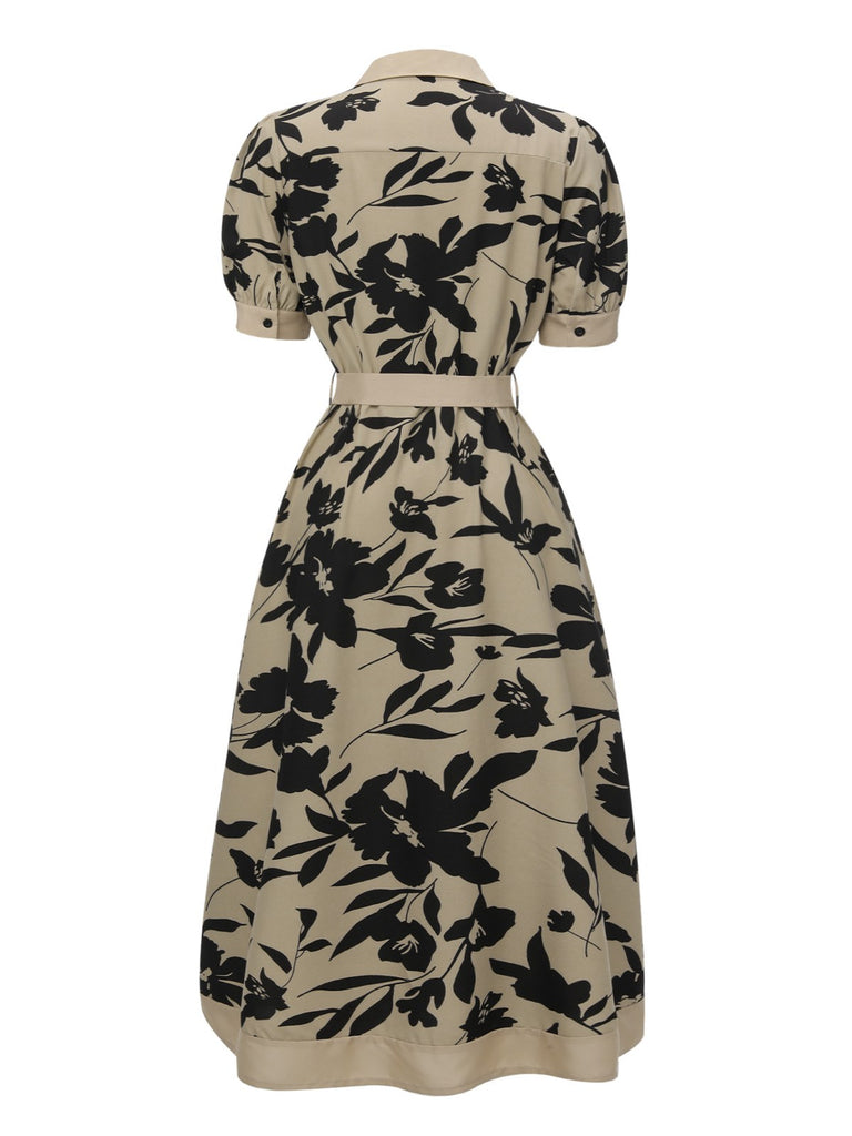 Beige 1940s Shirt-Collar Buttons Floral Printed Dress, vintage dress, retro fashion, floral print - perfect for women who love vintage and retro fashion