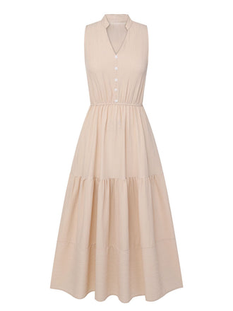 Beige 1940s Solid Stand Collar V-Neck Dress, vintage dress, retro fashion - perfect for women who love vintage and retro fashion