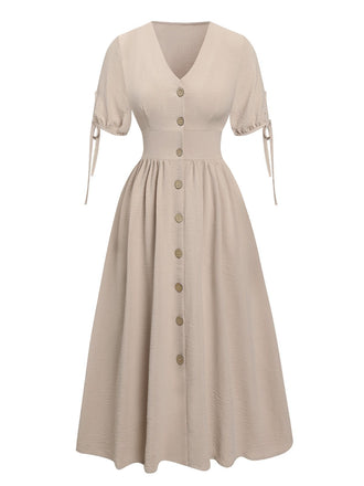 Beige 1940s Solid V-Neck Buttons Dress, vintage dress, retro fashion - perfect for women who love vintage and retro fashion
