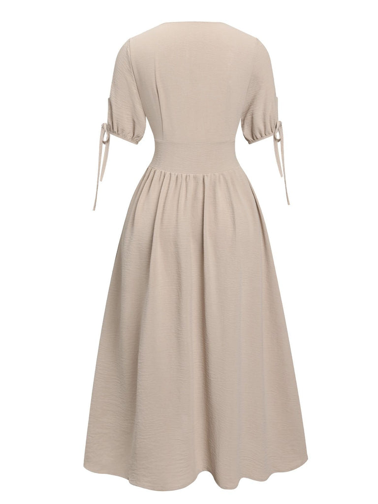 Beige 1940s Solid V-Neck Buttons Dress, vintage dress, retro fashion - perfect for women who love vintage and retro fashion