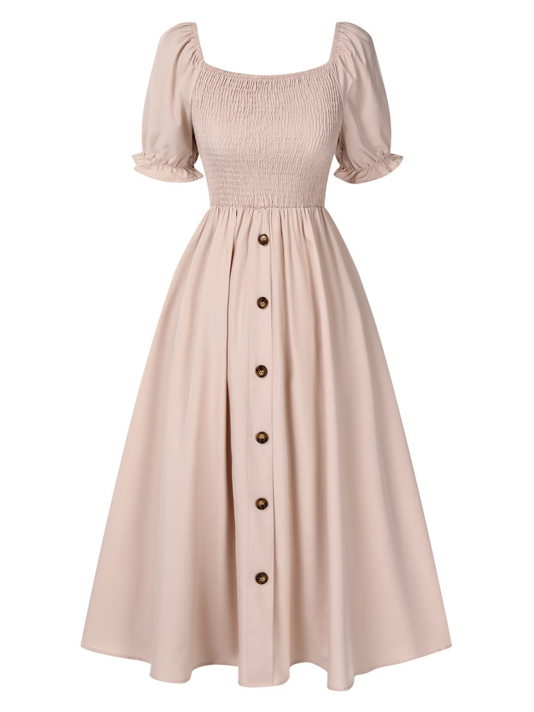 Beige 1940s Square Neck Puff Sleeve Button Smocked Dress, vintage dress, retro fashion - perfect for women who love vintage and retro fashion