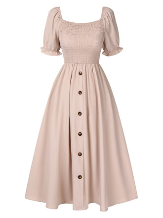 Beige 1940s Square Neck Puff Sleeve Button Smocked Dress, vintage dress, retro fashion - perfect for women who love vintage and retro fashion
