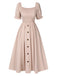 Beige 1940s Square Neck Puff Sleeve Button Smocked Dress, vintage dress, retro fashion - perfect for women who love vintage and retro fashion