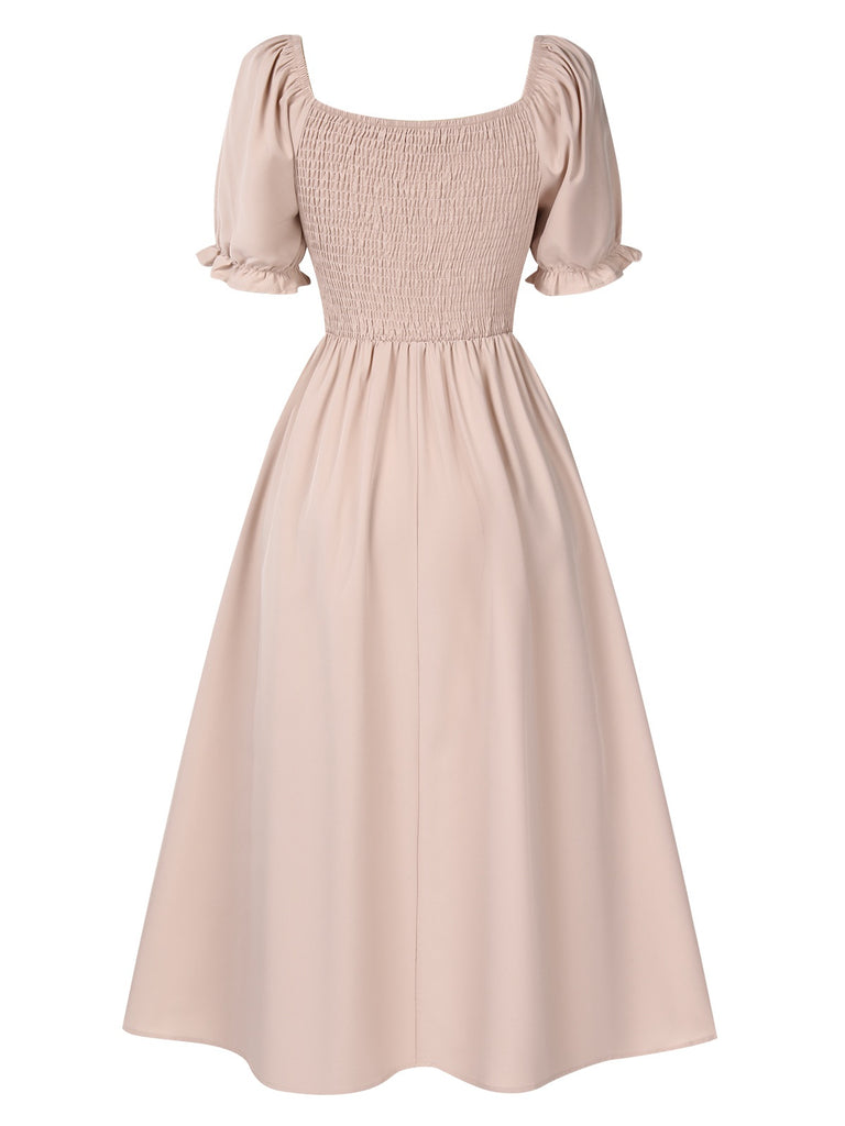 Beige 1940s Square Neck Puff Sleeve Button Smocked Dress, vintage dress, retro fashion - perfect for women who love vintage and retro fashion