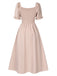 Beige 1940s Square Neck Puff Sleeve Button Smocked Dress, vintage dress, retro fashion - perfect for women who love vintage and retro fashion