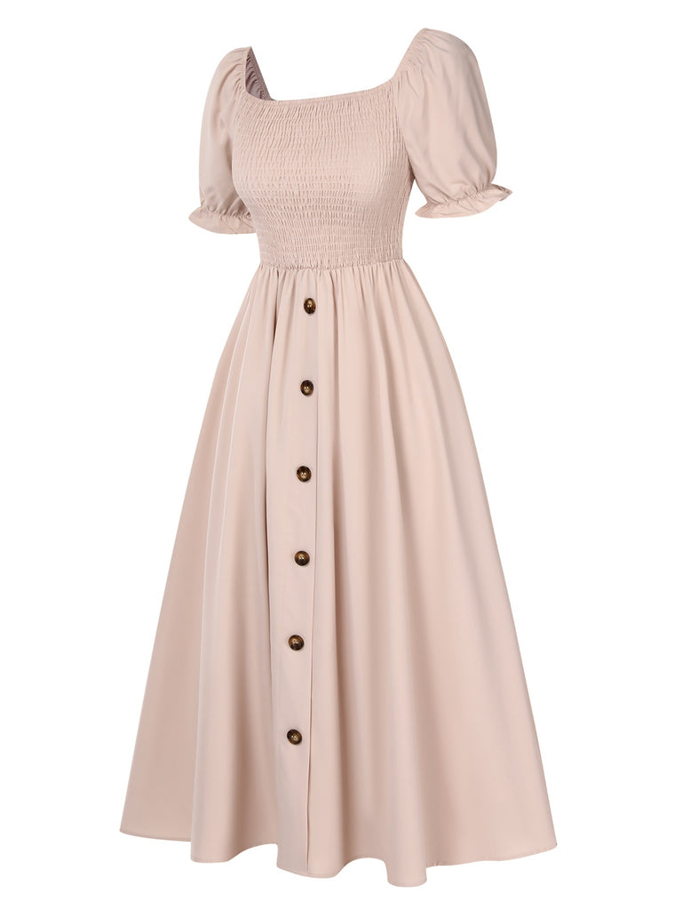 Beige 1940s Square Neck Puff Sleeve Button Smocked Dress, vintage dress, retro fashion - perfect for women who love vintage and retro fashion