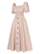 Beige 1940s Square Neck Puff Sleeve Button Smocked Dress, vintage dress, retro fashion - perfect for women who love vintage and retro fashion