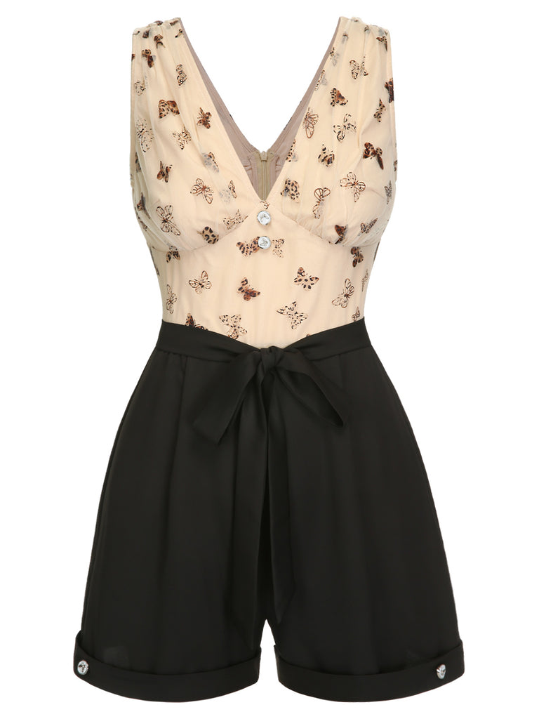 Beige 1950s Butterfly Mesh V-Neck Romper, vintage romper, retro jumpsuit - perfect for women who love vintage and retro fashion