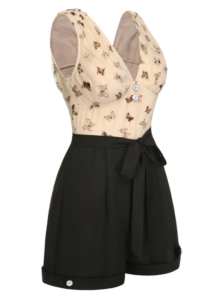 Beige 1950s Butterfly Mesh V-Neck Romper, vintage romper, retro jumpsuit - perfect for women who love vintage and retro fashion