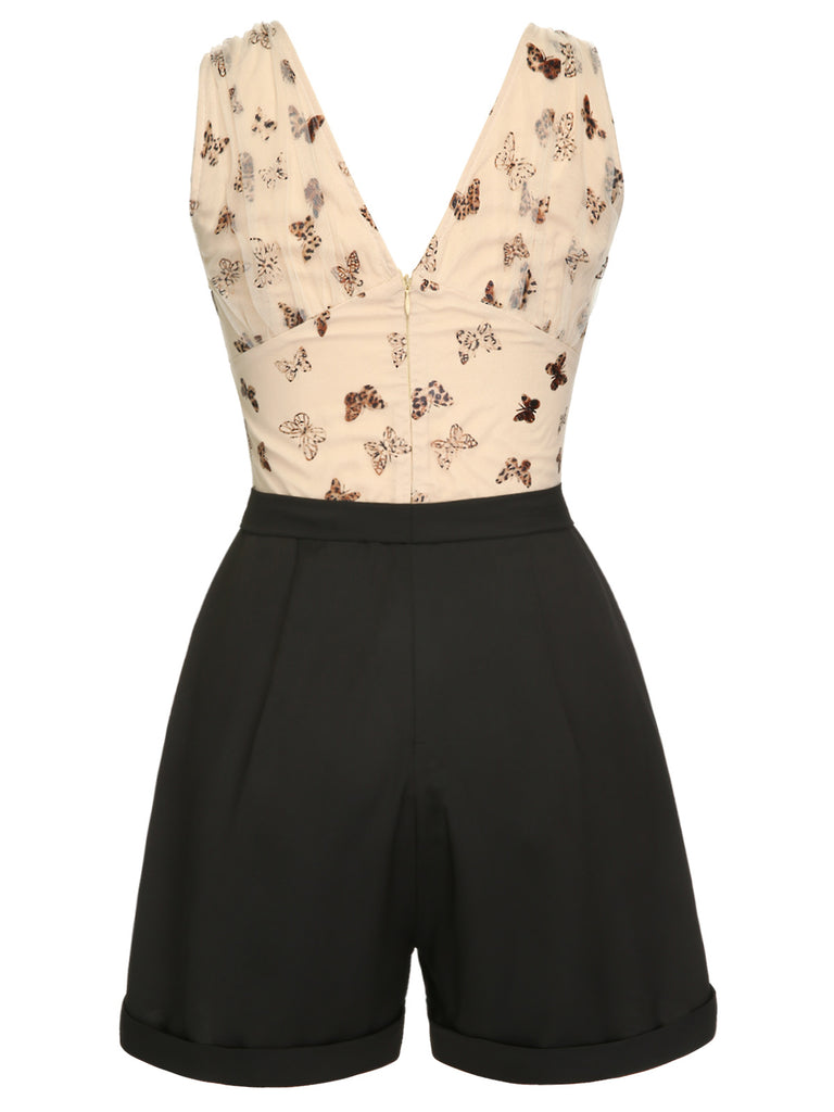 Beige 1950s Butterfly Mesh V-Neck Romper, vintage romper, retro jumpsuit - perfect for women who love vintage and retro fashion