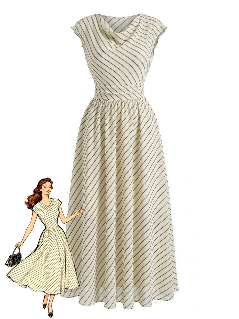 Beige 1950s Swing Print Striped Chiffon Midi Dress