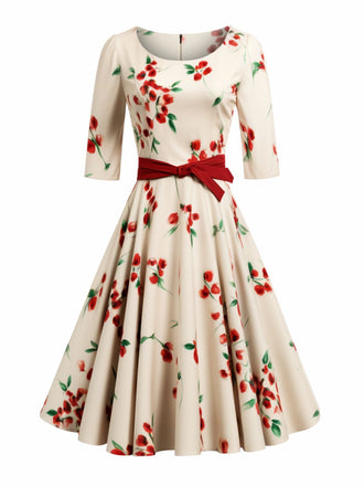She slips into this Beige 1950s Floral Half Sleeve Belted Dress and suddenly it's a 1950s daydream
