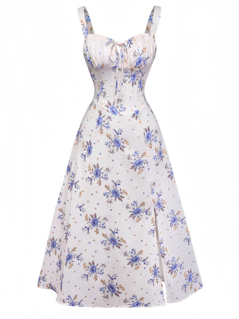Beige 1950s Floral Lace-Up Side-Slit Dress: beautiful vintage dress, retro fashion, elegant style with timeless appeal