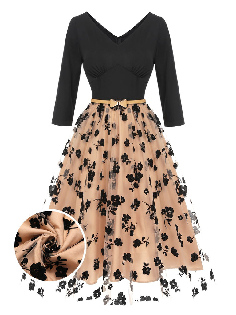 Beige 1950s Floral Mesh Patchwork Belt Dress, vintage dress, retro fashion, rockabilly, pin-up fashion - perfect for women who love vintage and retro fashion