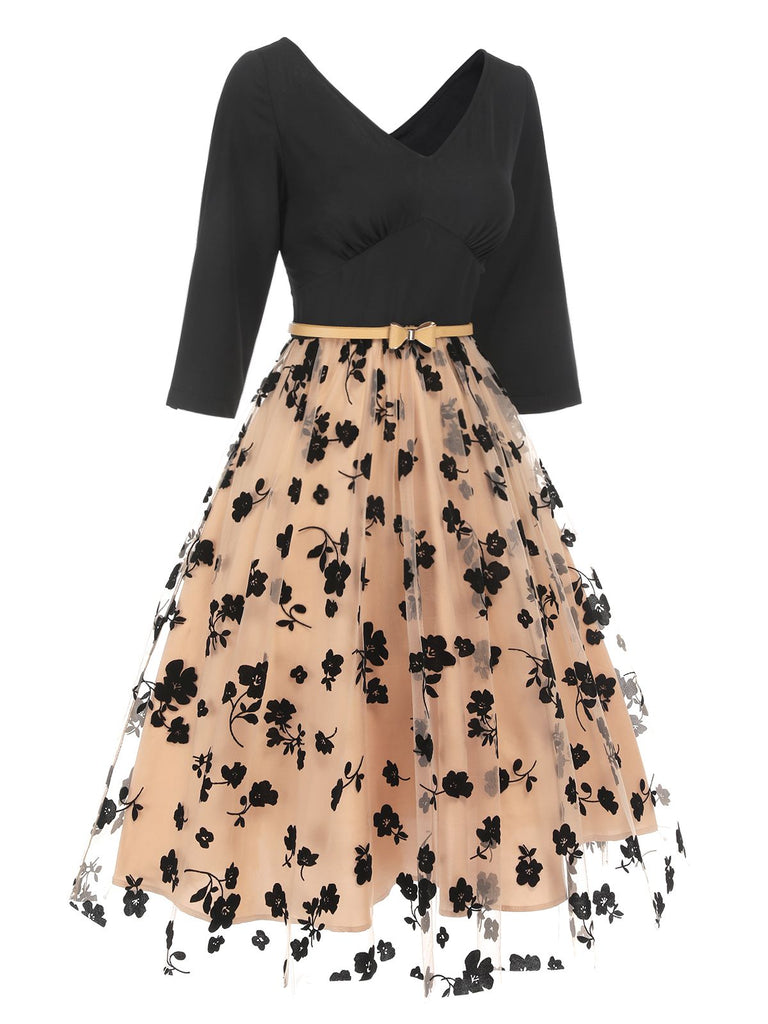 Beige 1950s Floral Mesh Patchwork Belt Dress, vintage dress, retro fashion, rockabilly, pin-up fashion - perfect for women who love vintage and retro fashion