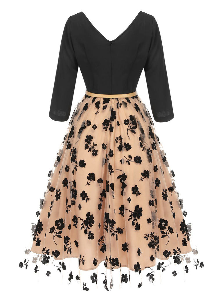 Beige 1950s Floral Mesh Patchwork Belt Dress, vintage dress, retro fashion, rockabilly, pin-up fashion - perfect for women who love vintage and retro fashion