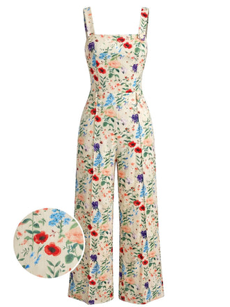 Beige 1950s Floral Butterfly Print Button Romper, vintage romper, retro jumpsuit - perfect for women who love vintage and retro fashion