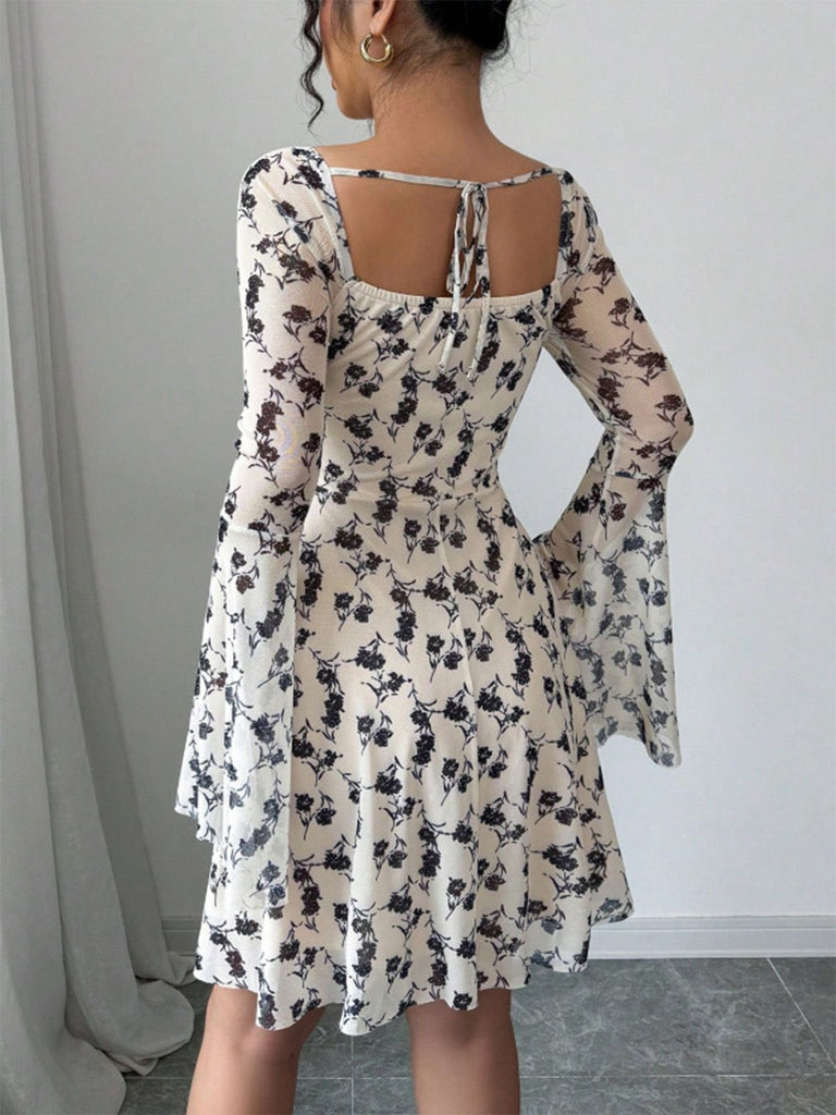 Beige 1950s Floral Sweetheart Mesh Bell-Sleeve Mini Dress | vintage dress, retro fashion, elegant style - perfect for retro fashion enthusiasts