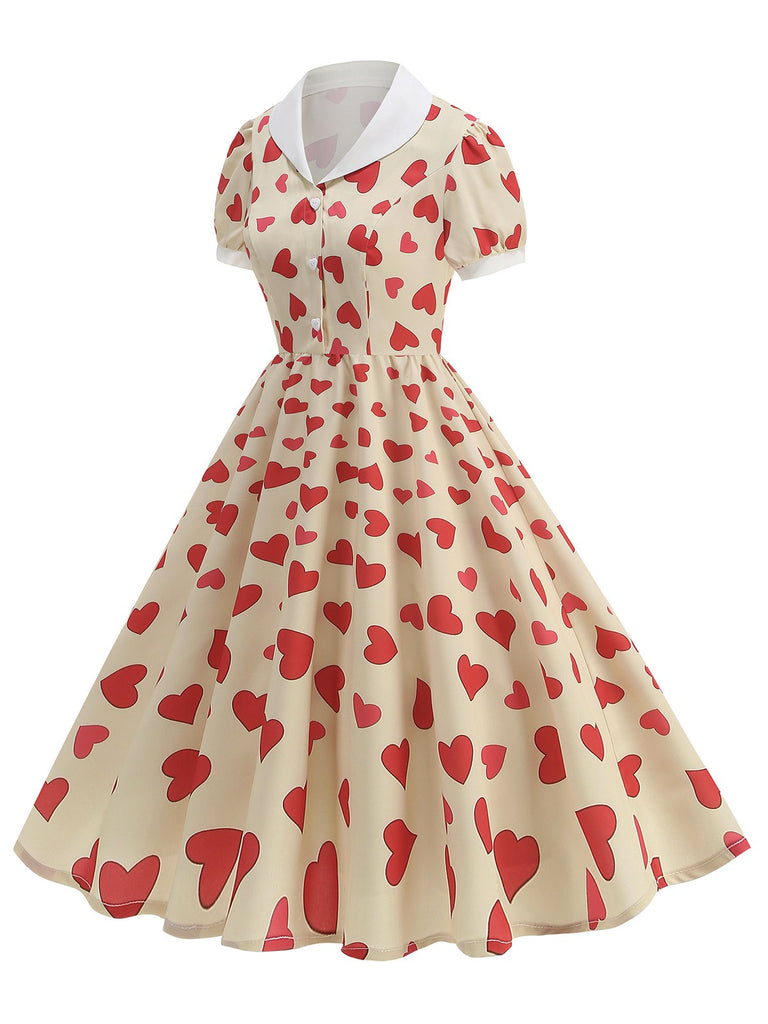 Beige 1950s Hearts Puff Sleeves Lapel Dress: where 1950s romance meets her modern spirit