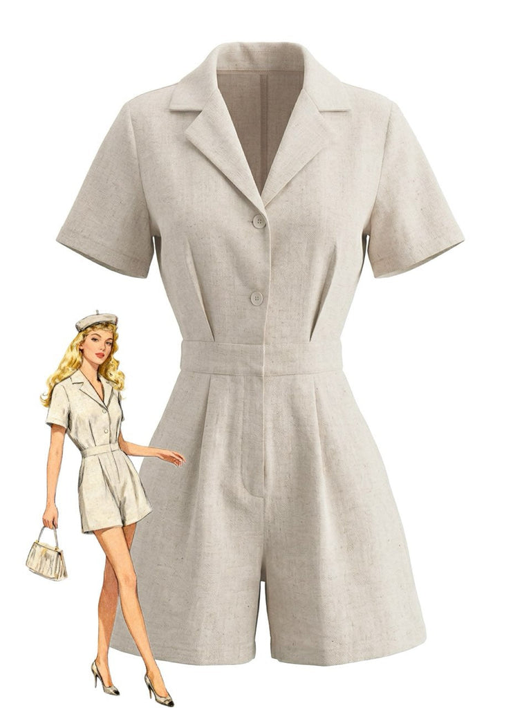 Beige 1950s Lapel Pocketed Solid Romper - vintage romper, retro jumpsuit for vintage lovers