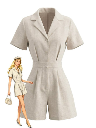Beige 1950s Lapel Pocketed Solid Romper - vintage romper, retro jumpsuit for vintage lovers
