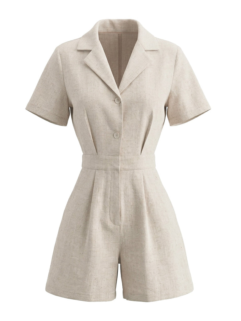 Beige 1950s Lapel Pocketed Solid Romper - vintage romper, retro jumpsuit for vintage lovers