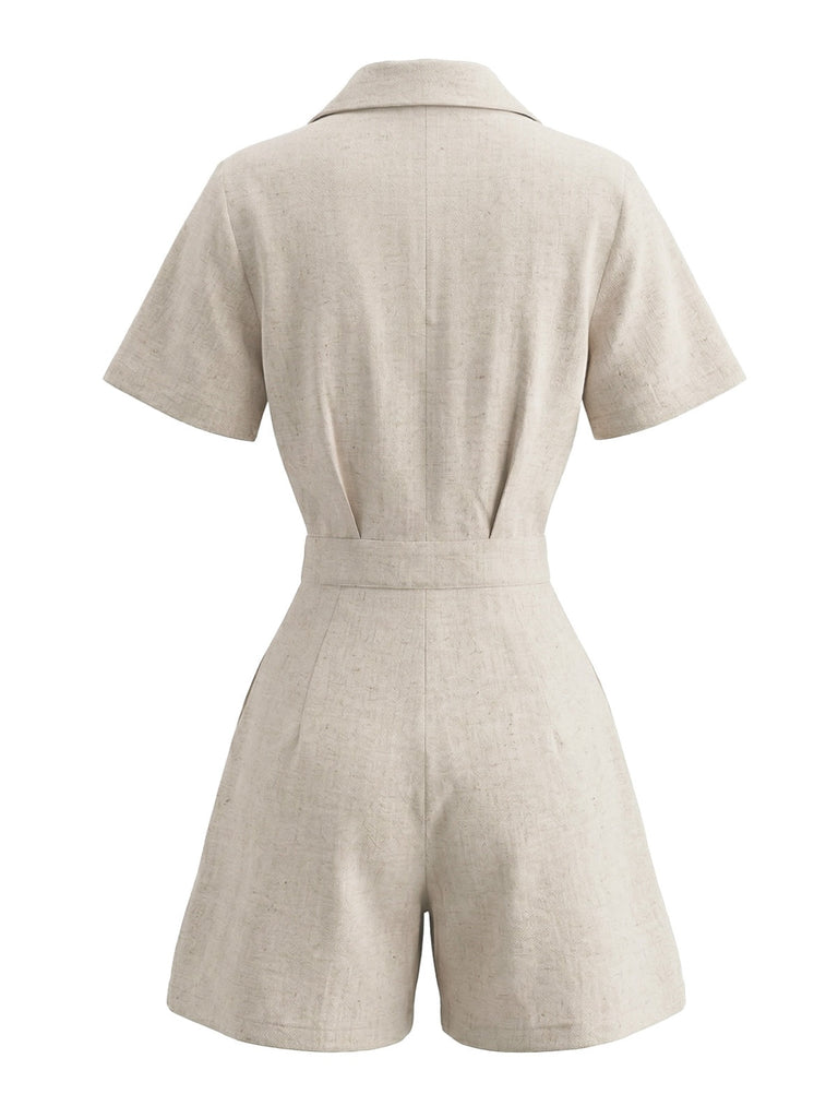 Beige 1950s Lapel Pocketed Solid Romper - vintage romper, retro jumpsuit for vintage lovers