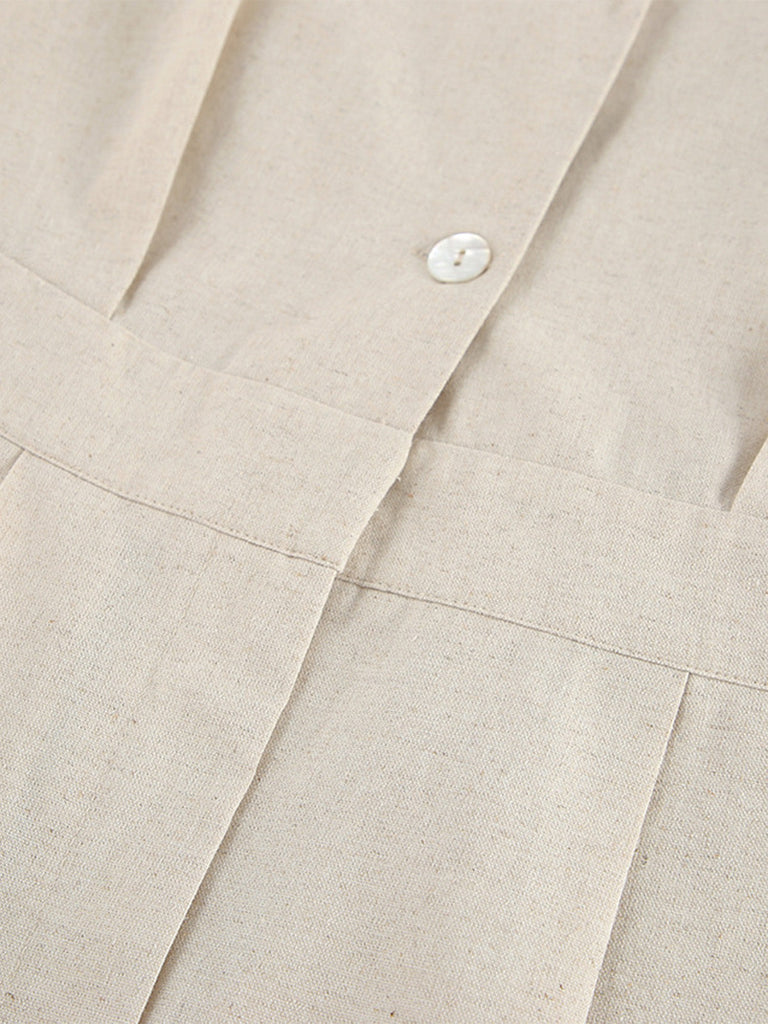 Beige 1950s Lapel Pocketed Solid Romper - vintage romper, retro jumpsuit for vintage lovers