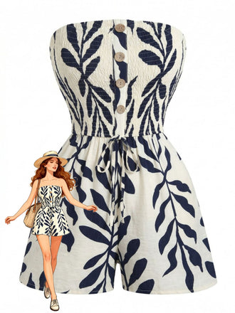 Beige 1950s Leaf Print Strapless Smocked Tie Waist Romper, vintage romper, retro jumpsuit - perfect for women who love vintage and retro fashion