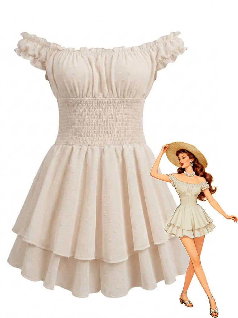 Beige 1950s Off-Shoulder Smocked Tiered Ruffle Romper - vintage romper, retro jumpsuit, playful style for vintage lovers