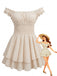 Beige 1950s Off-Shoulder Smocked Tiered Ruffle Romper - vintage romper, retro jumpsuit, playful style for vintage lovers